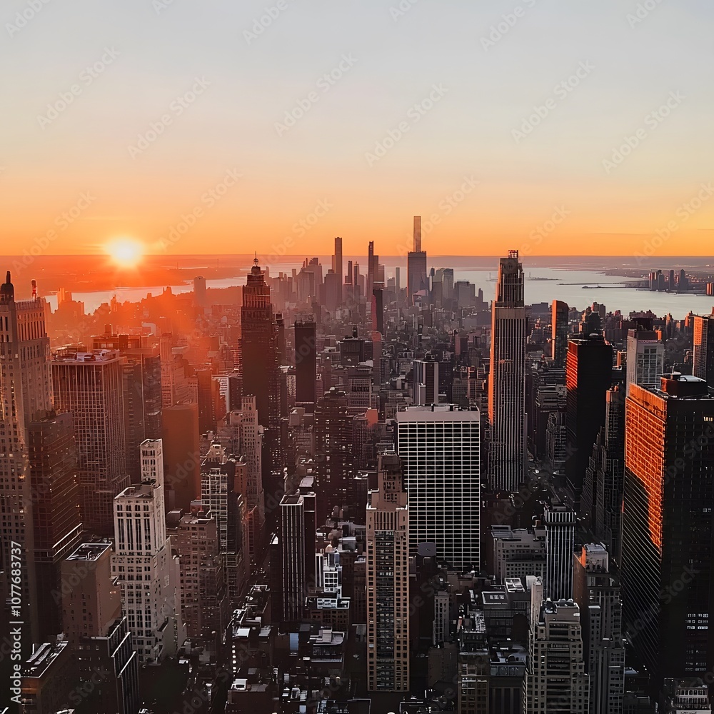 Fototapeta premium City Skyline Against a Vibrant Orange Sunset, Buildings Casting Long Shadows, Warm Light Illuminating City Details