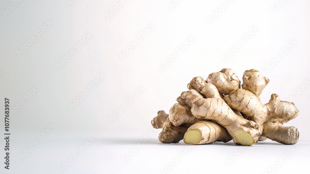 Fresh Ginger Root Isolated on a White Background, Perfect for Culinary Practices, Health Illustrations, and Vibrant Recipe Presentations Fresh Ginger Root Isolated on a White Background, Perfect for Culinary Practices, Health Illustrations, and Vibrant Recipe Presentations