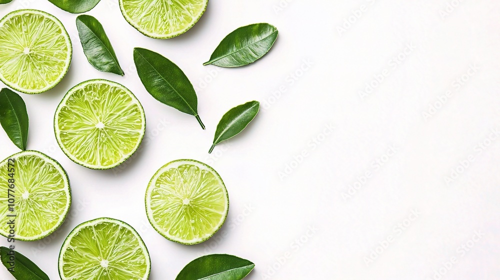 Fresh Lime Slices and Green Leaves Isolated on a Clean White Background for Culinary and Gardening Concepts in Stock Photography Fresh Lime Slices and Green Leaves Isolated on a Clean White Background for Culinary and Gardening Concepts in Stock Photography
