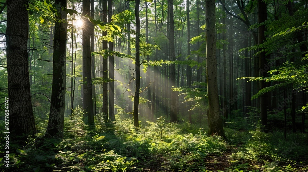 Obraz premium Sunbeams Filtering Through a Lush Forest