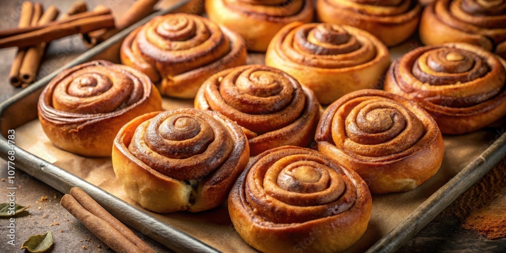 A close-up of a baking tray filled with freshly baked cinnamon rolls, their golden-brown swirls glistening with a light dusting of powdered sugar, a symphony of sweet aromas and textures.