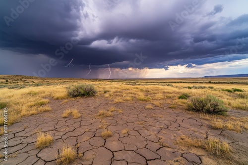 Thunderclouds gather ominously above the cracked desert landscape, while bolts of lightning illuminate the horizon, hinting at impending rain. Generative AI photo