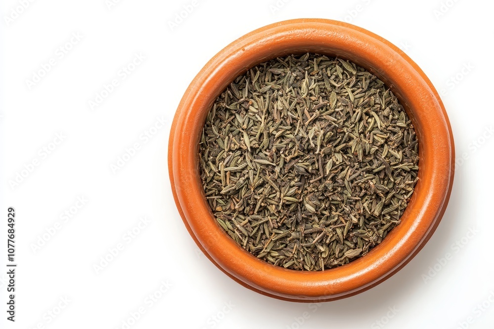 Dried Thyme Herb in Clay Bowl Dried Thyme Herb in Clay Bowl
