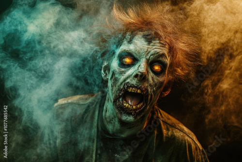 Terrifying zombie with glowing eyes emerges from eerie smoke, setting a spooky, horror-filled mood with its decayed face and disheveled hair.