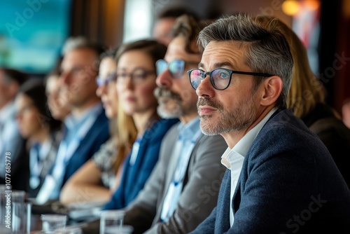 Dynamic Business Meeting Featuring Diverse Panel of Industry Experts Engaging in Leadership and Innovation Discussions