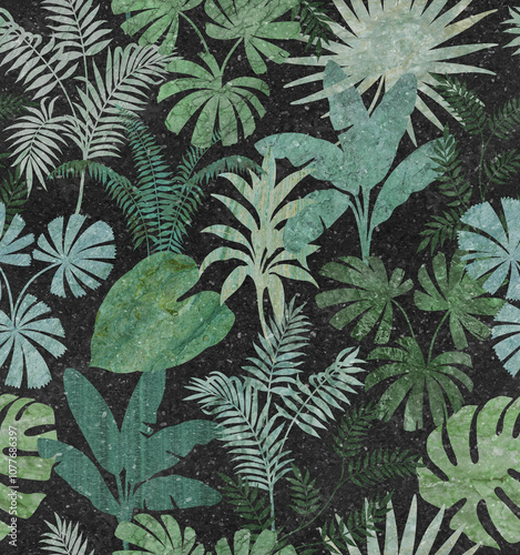 Seamless pattern leaf graphics variety of types on colorfur tone marble texture with tropical leaves used for decorative design. photo