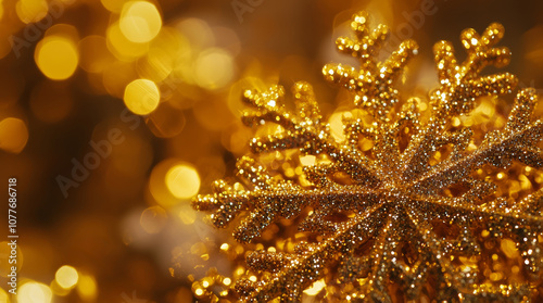 Goldener Schneeflockenanhänger mit Bokeh-Lichtern im Hintergrund.