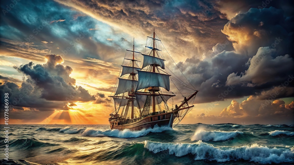 Fototapeta premium A majestic old sailing ship, tossed by dramatic sea waves, in a beautiful, historical artistic seascape.