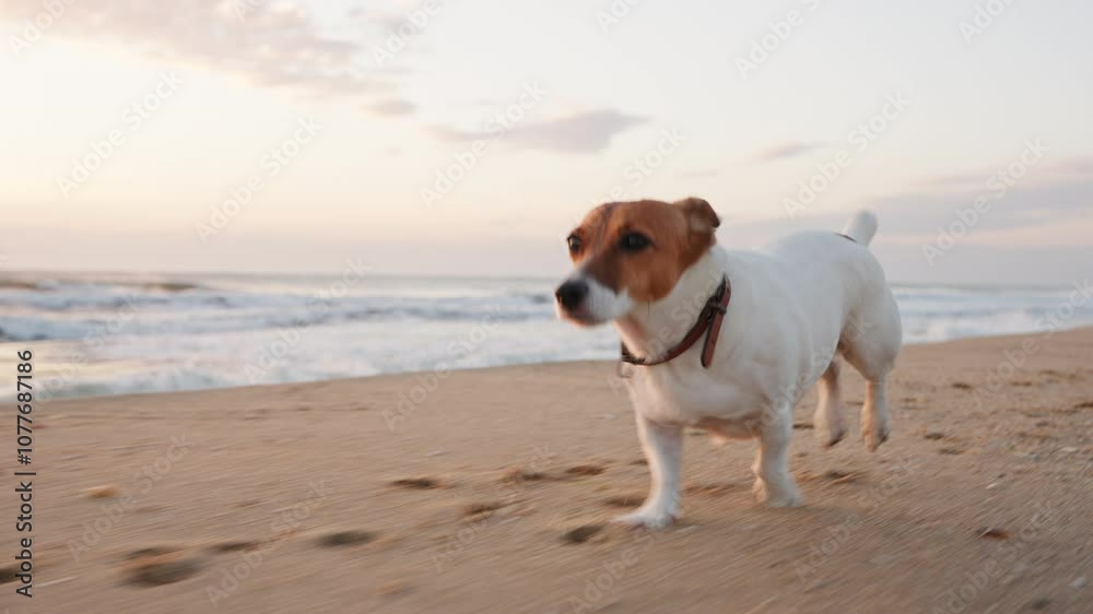 Happy dog Jack Russel Terrier walking slow motion. Dog runs on beach on sand splashing water, rejoices against blue sky at dawn summer. Lifestyle. Travel. Love pets. Freedom concept. Pets care Happy dog Jack Russel Terrier walking slow motion. Dog runs on beach on sand splashing water, rejoices against blue sky at dawn summer. Lifestyle. Travel. Love pets. Freedom concept. Pets care