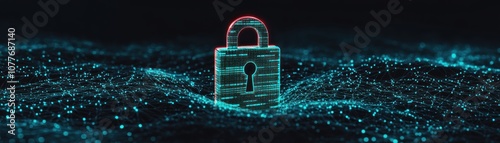 A digital padlock symbolizes cybersecurity amidst flowing data streams.
