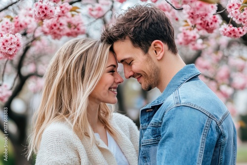 Smiling young couple, forehead to forehead, enjoying a romantic moment surrounded by blooming cherry blossoms in spring.