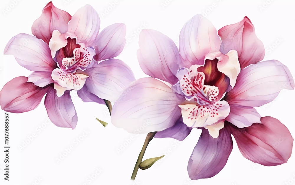 Fototapeta premium A vibrant watercolor illustration of two orchids, showcasing their delicate petals and colors.