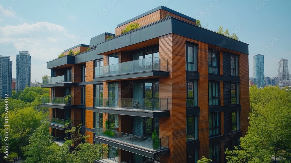 Modern apartment building with wood siding and large windows. Modern apartment building with wood siding and large windows.