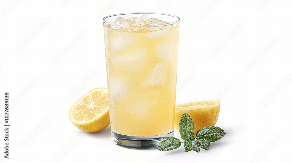 Refreshing glass of ice-cold lemonade with fresh lemon slices and mint leaves on a clean white background, perfect for summer thirst-quenching moments and beverage advertisements. Refreshing glass of ice-cold lemonade with fresh lemon slices and mint leaves on a clean white background, perfect for summer thirst-quenching moments and beverage advertisements.