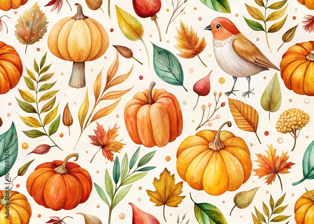 Fototapeta premium Autumn Seamless Pattern - Pumpkin, Mushroom, Bird, Leaves Watercolor Minimalist
