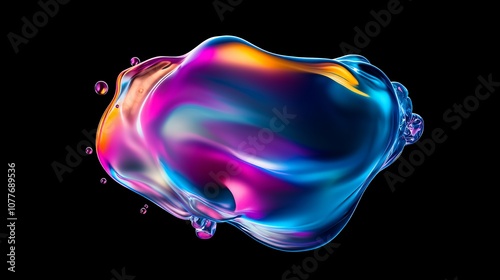 Abstract, iridescent, 3D, liquid, orb, splash, design, element, on, black, background. photo