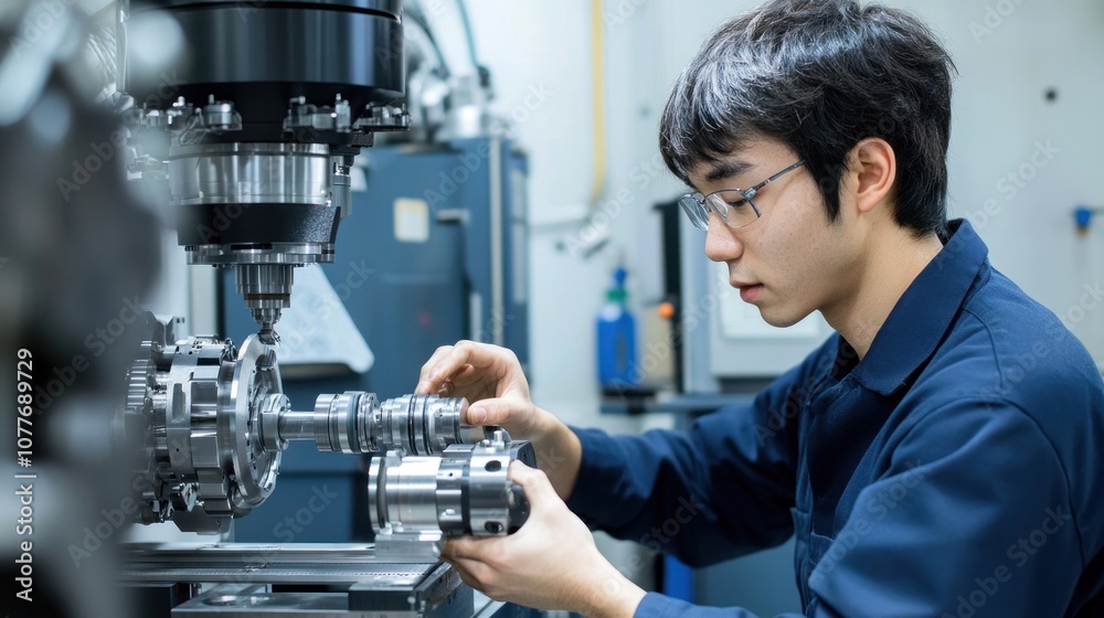 Focused Engineer Working on Precision Machinery Focused Engineer Working on Precision Machinery