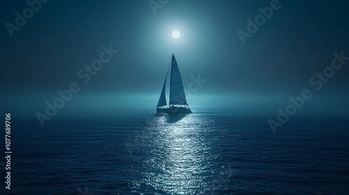 A sailboat glides through the dark blue water under a full moon with a cloudy sky.
 photo