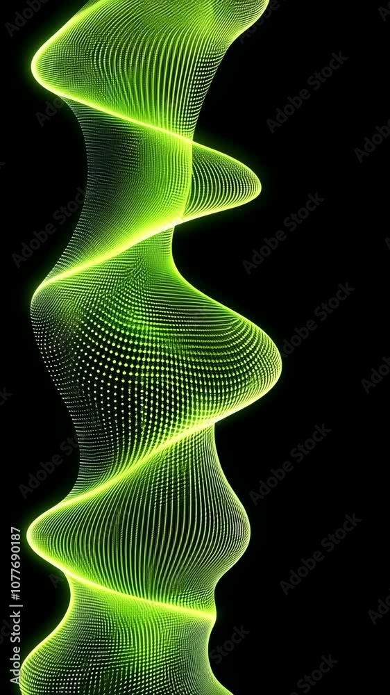A green, swirling digital wave stands against a black background A green, swirling digital wave stands against a black background