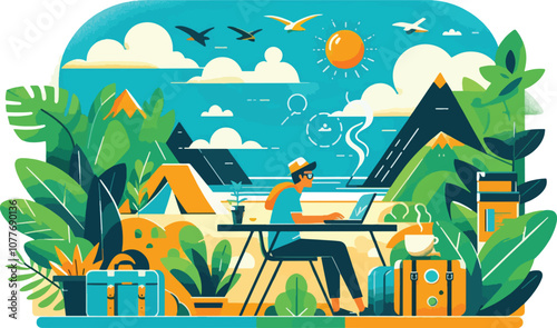 Fotografía A trendy vector illustration of a digital nomad working from a tropical location