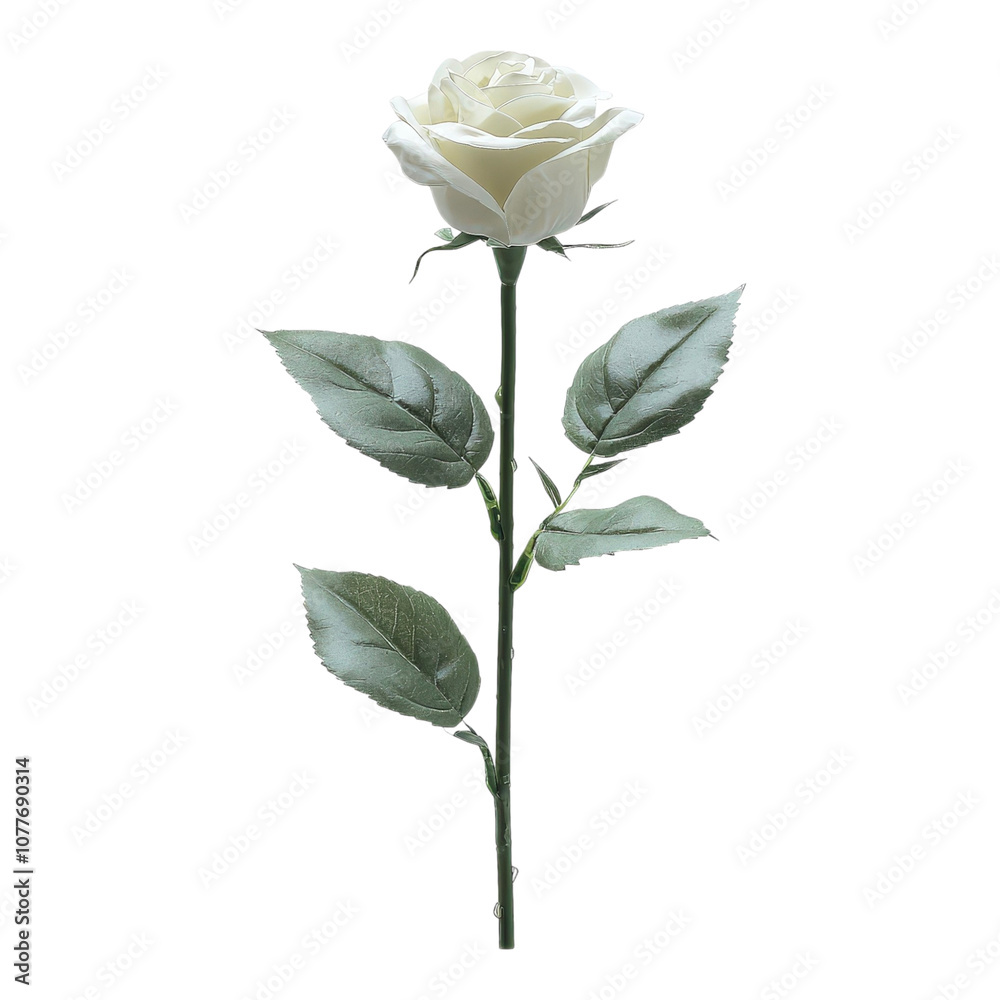 Obraz premium Single White Rose Elegant Flower Stem Leaves Floral Botany Nature