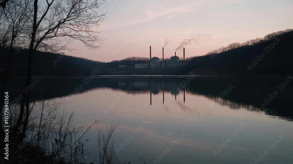 Serene Evening Reflection on Lake Near Mill Serene Evening Reflection on Lake Near Mill