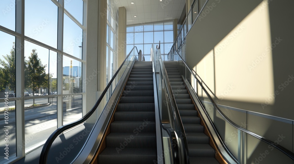 Modern building interior with two escalators leading up to a glass window. Modern building interior with two escalators leading up to a glass window.