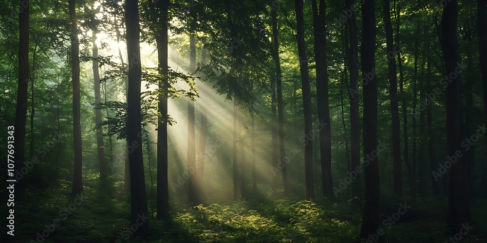 Fototapeta premium Sunbeams in the Misty Forest