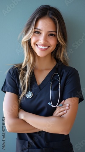 Confident Latina Nurse Smiling with Arms Crossed, Solid White Background , Medical Care, Trusted Health Worker, Clinical Team