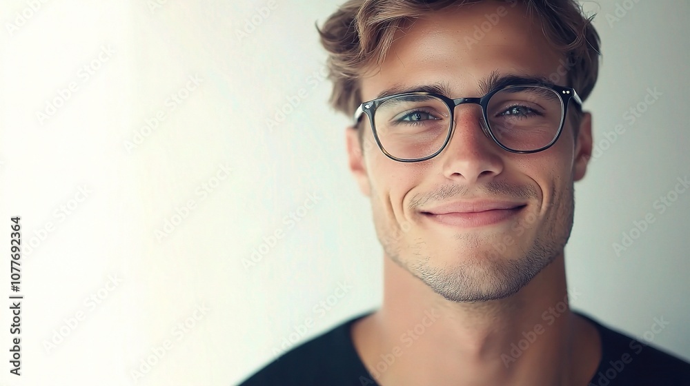 Young Handsome Man with Glasses Smiling Brightly, Showcasing Charming Personality Against a Neutral Background in a Casual Setting Young Handsome Man with Glasses Smiling Brightly, Showcasing Charming Personality Against a Neutral Background in a Casual Setting
