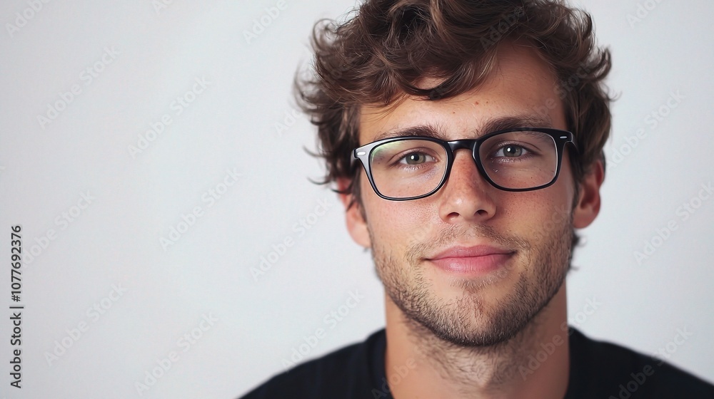 Young Handsome Caucasian Man with Glasses Smiling Against a Simple White Background, Perfect for Lifestyle and Portrait Photography Young Handsome Caucasian Man with Glasses Smiling Against a Simple White Background, Perfect for Lifestyle and Portrait Photography
