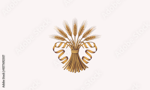 Golden wheat bundle with ribbon, symbol of agriculture.