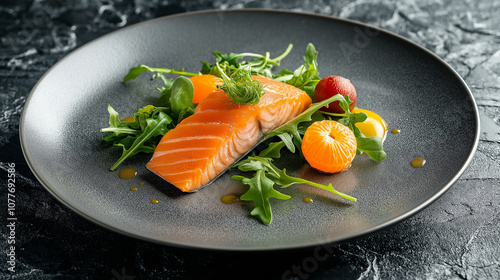 Salmon fillet with mandarin, rocket salad and cherry tomatoes on elegant plate