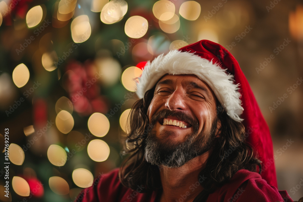 Jesus Christ with a Santa Claus Hat Smiling in a Cozy Christmas Home with Tree Lights and Festive Decorations Jesus Christ with a Santa Claus Hat Smiling in a Cozy Christmas Home with Tree Lights and Festive Decorations