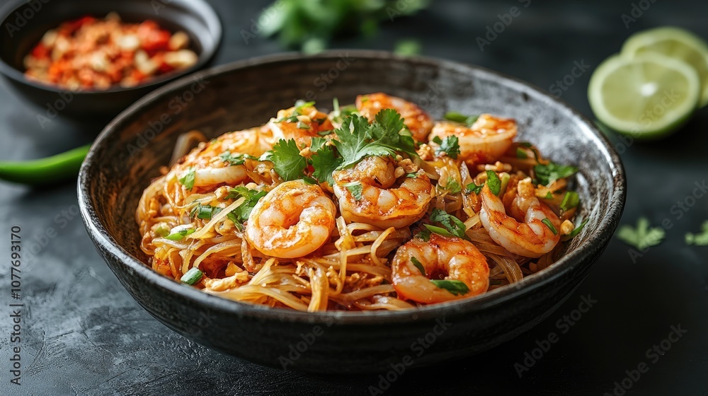 A bowl of Pad Thai with shrimp, tofu, and vegetables. A bowl of Pad Thai with shrimp, tofu, and vegetables.