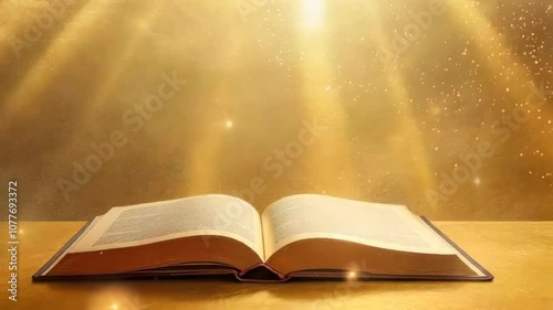 A radiant open book illuminated by golden light, symbolizing knowledge, wisdom, or a divine revelation.