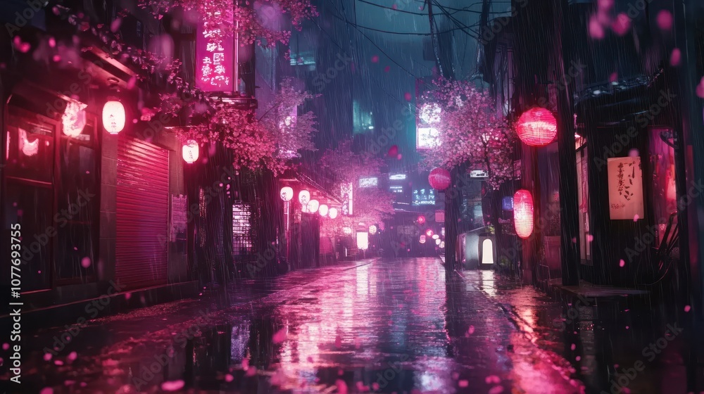 Naklejka premium Rainy Night in Neon City