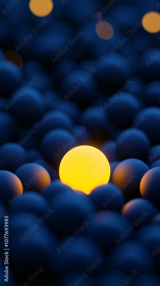 Glowing sphere among dark spheres, abstract