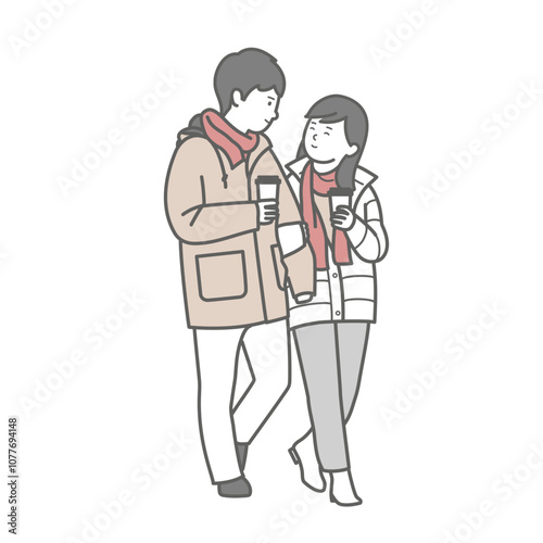 ドリンクを片手に腕をくむ冬服のカップルのイラスト