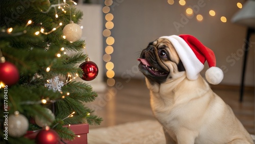 Pug in Santa hat looking up at decorated Christmas tree