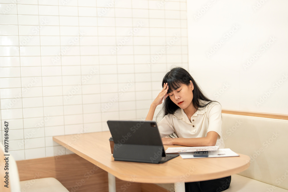 Stressed young asian woman having a headache while working in a cafe Stressed young asian woman having a headache while working in a cafe