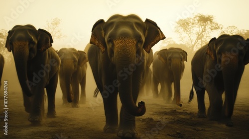 Elephants Walking in Golden Sunset Light on Savannah