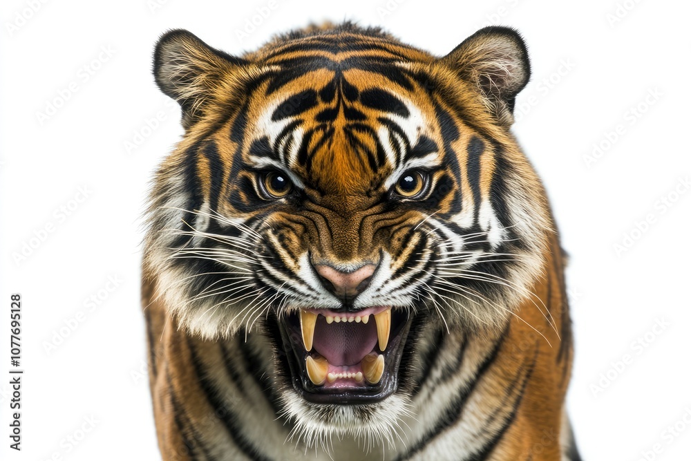 Obraz premium Close-up of a tiger's face with its mouth open, showing its sharp teeth and intense expression.