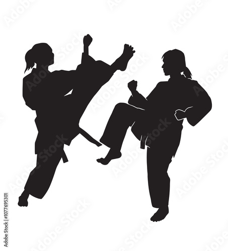 vector silhouette of two karate women fighting kick and defence