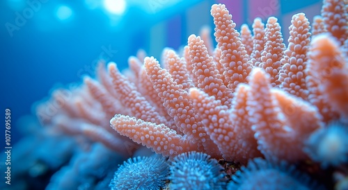 Close-up of delicate coral polyps, showcasing their intricate structure and vibrant color.