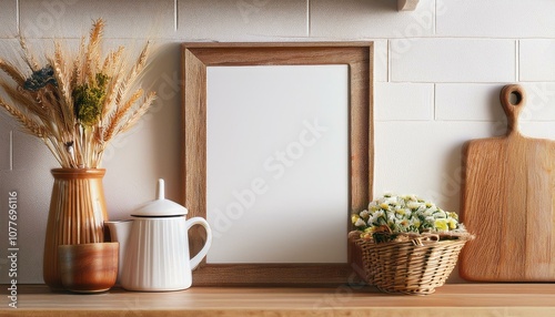  Mock up poster frame in kitchen interior, Farmhouse style, 3d rendering