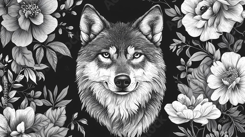 Wallpaper Mural Stylish monochrome wolf illustration surrounded by elegant flowers, perfect for nature and wildlife enthusiasts. Monochrome. Illustration Torontodigital.ca