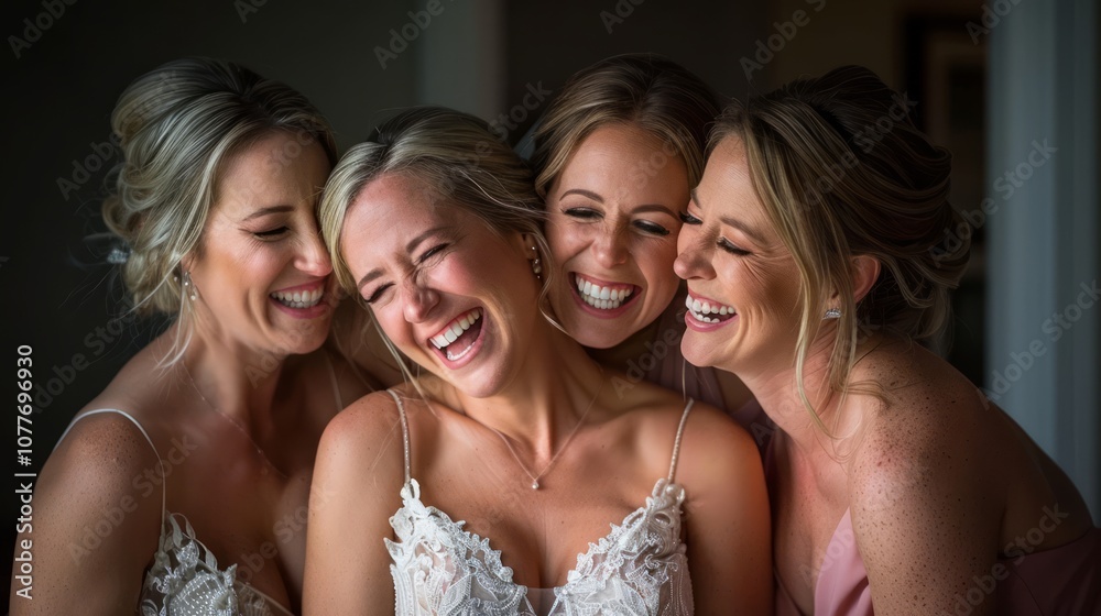 Joyful Bride Laughing with Bridesmaids Before Ceremony Joyful Bride Laughing with Bridesmaids Before Ceremony