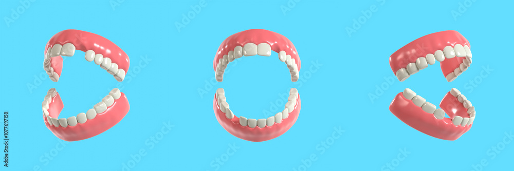 Set of Stylized Jaw with Broken Teeth 3D Illustration for Dental Health Concept