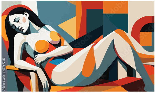 abstract typed illustration of a young woman sleeping in a chair